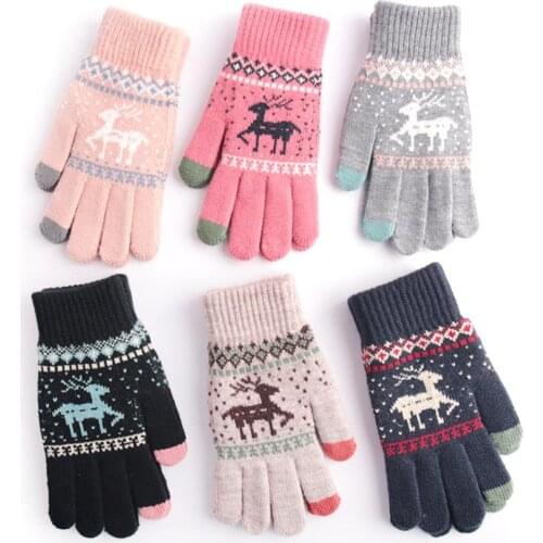 Men Women Christmas Deer Knitted Gloves Warm Full Finger Touch Screen Mittens Winter Snowflake Knitted Gloves Gift