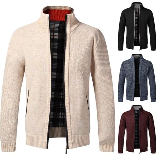 Mens Fall Winter Sweater 2021 New Zippered Cardigan with Fool Warm Casual Loose Knitted Sweater Solid Color Stand Collar