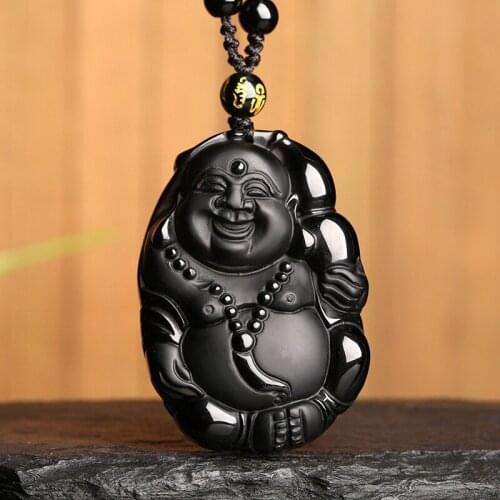 Natural Black Obsidian Gourd Smile Buddha Pendant Fashion New Jewelry Mens and Womens Necklaces for Good Luck and Peace