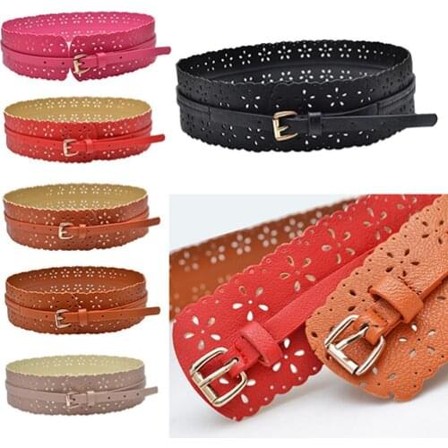 2021 New Fashion Womens Fashion Hollow Flower Design PU Leather Waist Belt Wide Buckle Waistband Strap for Daily Life