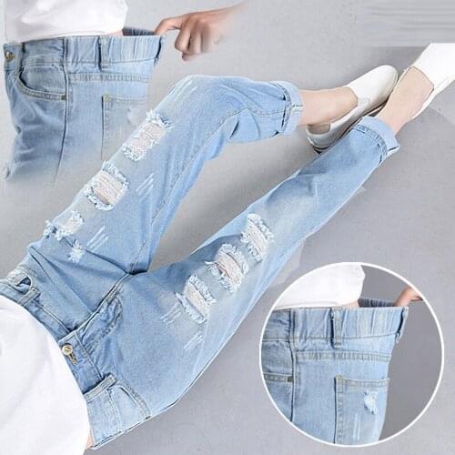 New Korea Fashion Women Jeans Elastic Waist Loose All-matched Casual Harem Pants Vintage Ripped Jeans Cotton Denim Pants D171