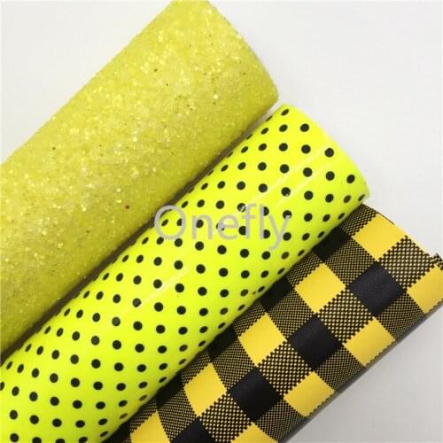 Onefly 21X29CM Yellow Glitter Leather, Paids Dots Printed Synthetic Leather Fabric Sheets For Bow DIY handbags shoes AQ012