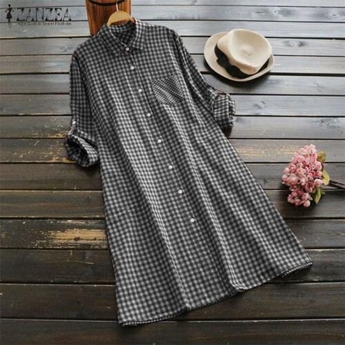 2021 ZANZEA Autumn Women Check Plaid Long Shirt Dress Vintage Lapel Neck Long Sleeve Loose Vestido Casual Work Party Blusas