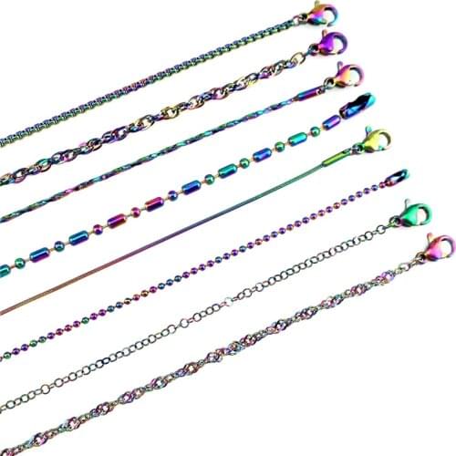 Rainbow 18'' 20'' 24'' Stainless Steel Chains Necklace Colors Popcorn Link Snake Beads Chain DIY Jewelry For Pendant Men Women