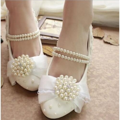Luxury rhinestones pearls ivory wedding shoes, female woman bowtie butterfly bowknot pearls wedding pumps dress shoes