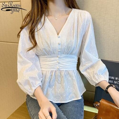 V-neck Shirt Woman Solid White Lace Top Sweet Blouse Women 2021 Autumn Chic Long Sleeve Office Lady Clothing with Button 10539