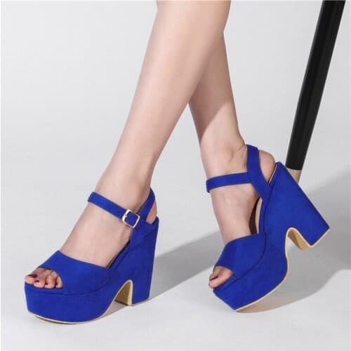 Womens Gladiator Sandals shoes Sexy Platform Punk Heels Sandals Straps Flock Summer Shoes Blue Black Party Shoes Female