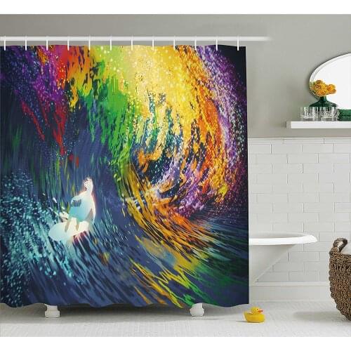 Modern Shower Curtain Exotic Surfer in The Ocean Waves with Digital Featured Effects Sports Hobby Graphic Bathroom Curtains