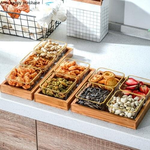 Glass Snack Platter Multi-cell Suit with Rectangular Wooden Pallet Home Square Dried Fruit Snack Bowl Fruit Plate Tableware