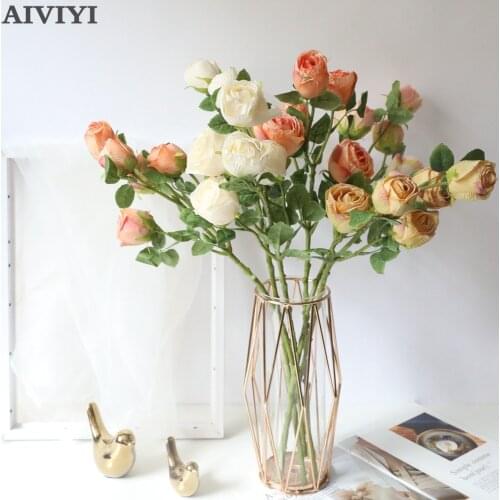 Dry burned 5 rose branches Artificial Flowers Long Stem Wedding Decoration Fake Flowers Plastic Branches with Home Hotel Decor