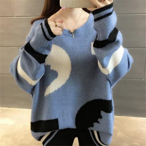 Korean Loose Knit Sweater Pullovers Women Streetwear Patchwork Print Pull Jumpers Ladies Short Long Sleeve Knitted Tops Female