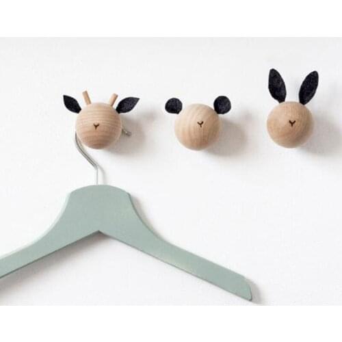 Childrens Room Decoration Wooden Coat Hook Cartoon Animal Head Wall Hooks Kindergarten Baby Newborn Gift Deer/bear/rabbit