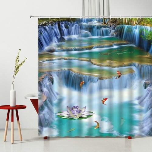 With Hooks Shower Curtain Beautiful Waterfall Landscape Pattern Waterproof Polyester Fabric Machine Washable Bath Curtains Set
