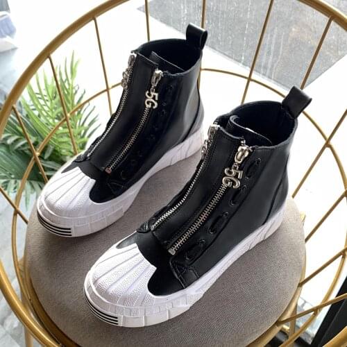 Womens Round Toe Side Zipper High Top Sneakers Sport Platform Punk Motorcycle Shoes Flats 3Colors