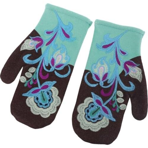 Women Winter Faux Cashmere Warm Full Finger Gloves Floral Embroidery Mittens Q1QA