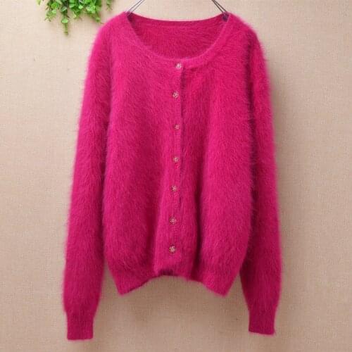 Ladies women fashion pull rose winter mink cashmere knitwear long sleeves short cardigans pull angora fur jacket coat sweater