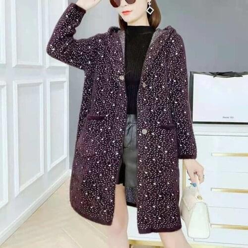 Imitation Mink Cashmere Korean Sweater Cardigan Womens Spring Hooded Single-breasted Knitted Jacket Loose Outwear Tops X566