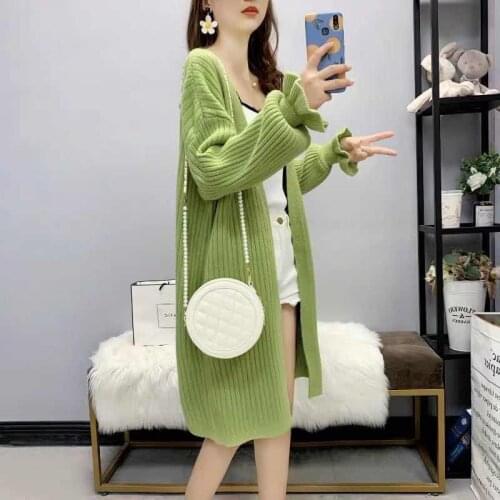H9603 Women Simple Cardigan Girl Autumn Spring Korean Long V Collar Fashion Knitted Coat Sweater Student Pure Color Casual Top