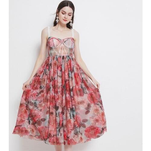 Summer Rose Floral Bohemian Holiday Dress Womens Spaghetti Strap Backless Sexy Strapless Cup Mesh Flower Print Beach Dress k378
