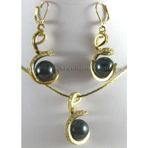 12mm Black South sea Shell Pearl Earrings & Necklace Pendant Set plated watch wholesale Quartz jade CZ crystal