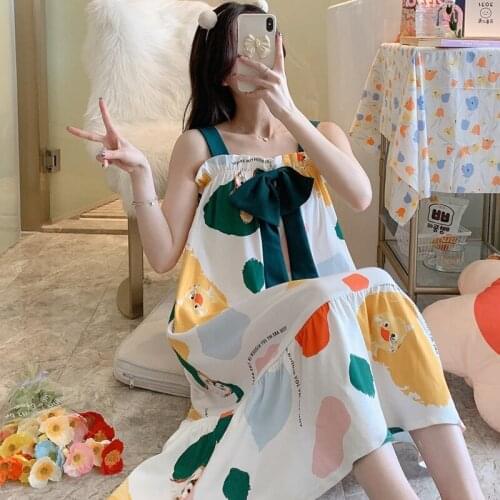 2021 Summer Sexy Lingerie Spaghetti Strap Cotton Nightgowns for Women Cute Bow Sleepwear Nightdress Night Gown Home Dress Nighty