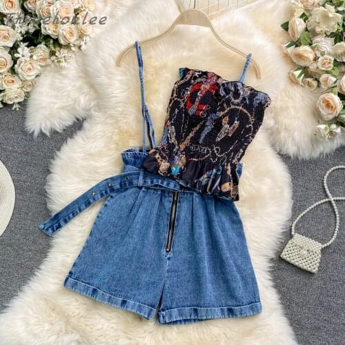 2021 Summer New Woman Fashion Two Piece Set Printed Short Strapless Bra Top And Wide Leg Shorts Denim Pants Sexy Female Suits