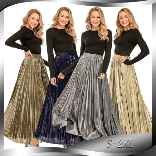 High Waist Velvet Pleated Skirt Women Vintage Skirt Ladies Long Silver Maxi Elascity Casual Party Skirt