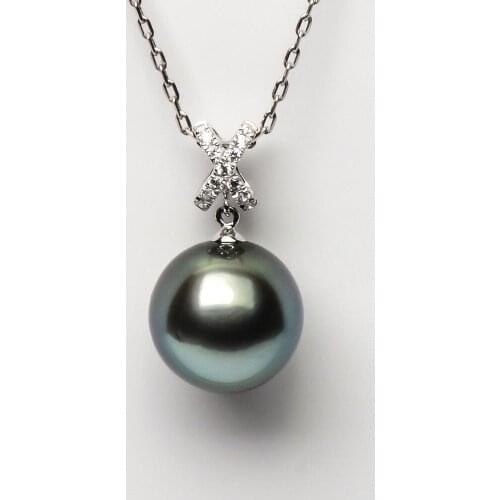 Free Shipping 10.9MM Round Green Tahitian Cultured Pearl Crystal Pendant 14k Solid White Gold #0207