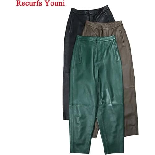 Stylish Spring New Women Genuine Leather Radish Harem Pants Female 100% Real Sheepskin Green/Grey Nine-Point Trousers Ropa Mujer