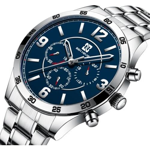 Mens Watches 2021 New Fashion Stainless Steel Top Brand Luxury Blue Business Chronograph Quartz Wristwatch Relogio Masculino