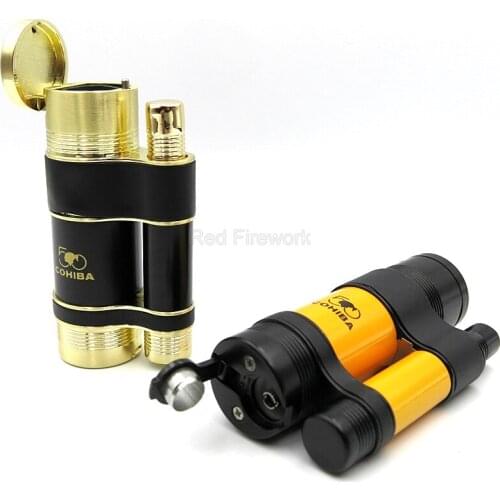COHIBA Yellow&Black Pocket Metal Windproof Lighters 3 Blue Torch Fire Flame Cigar Cigarette Lighter W/Valve Torch Adjuster