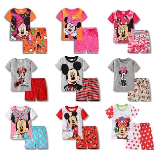 Cotton Cartoon Mickey Minnie Mouse Homewear Sets Children Summer Print Sofia Short-sleeved T-shirt+Shorts Baby Girl Pajamas 2-7T