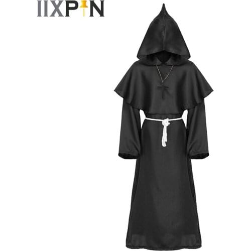 4Pcs Unisex Adults Medieval Priest Sorcerer Cosplay Costume Set Long Sleeves Monk Robe Hooded Cloak Rope Belt Cross Necklace