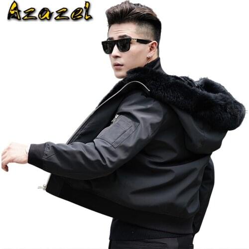 Azazel Winter Real Natural Rabbit Fur Coat Men Fox Fur Collar Hood Male Jacket Short Mens Fur Parka High Quality AE18001 KJ812