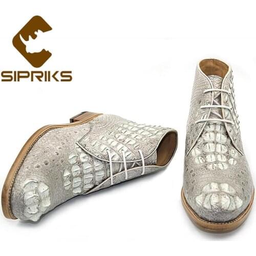Sipriks Mens Crocodile Skin Boots Grey White Real Alligator Leather Ankle Boots Male Cowboy Boot Imported Italian Leather Sole