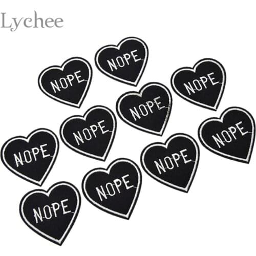 Lychee Life 10pcs Black Nope Heart Patches Embroidered Iron On Patches For Clothing DIY Apparel Bags Applique Sewing Craft