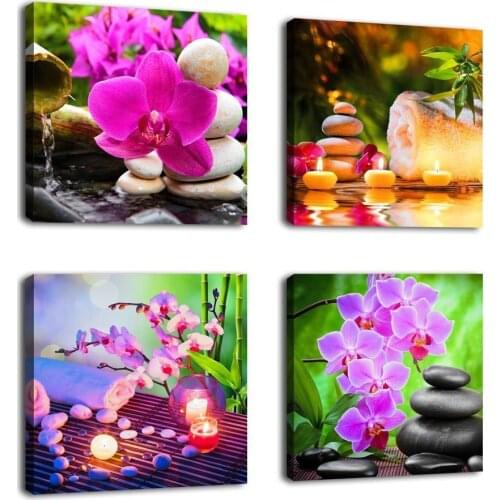 Wall Art Canvas Zen Art Decoration SPA Stone Green Bamboo Pink Water Lily Picture 4 Panel Modern Canvas Painting Prints