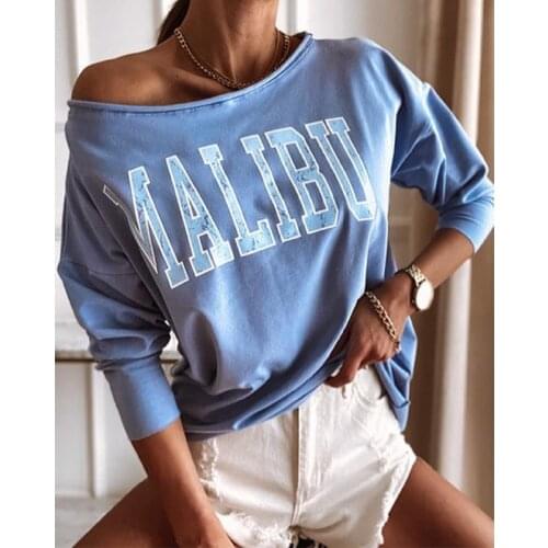 New Arrived Winter Tops Basic Vintage Letters Printed Sweatshirt Sky Blue Cotton Women Stylish MALIBU Streetwear Lady Elegant