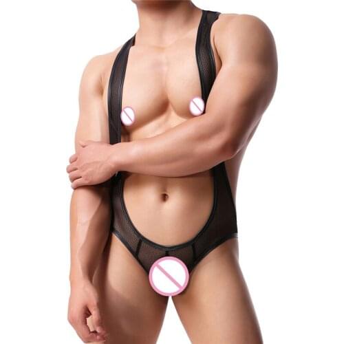 Sexy Mens Undershirts Mesh See Through Bodysuit Wrestling Singlets One-Piece Leotard Open Butt Jumpsuits Gay Jockstrap Underwear