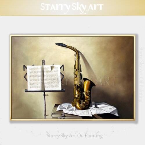Professional Artist Hand-painted High Quality Music Score and Saxophone Oil Painting on Canvas Musical Instrument Oil Painting