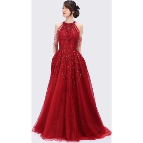 Luscious Delia Red Beading Evening Gowns 2021 Sleeveless A-Line Luxury Sparkly Formal Dress For Wedding Party Prom Graduation