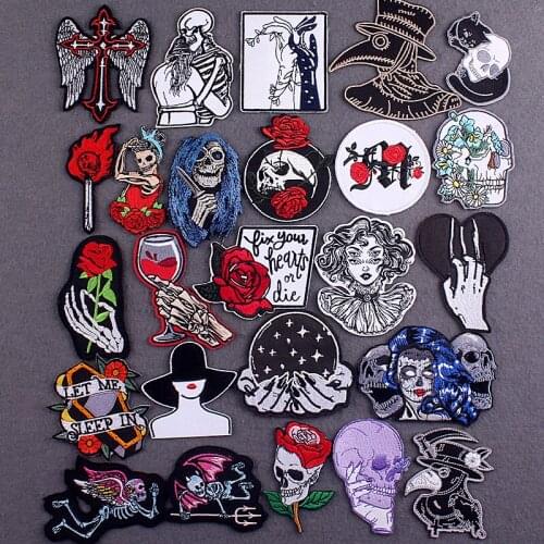 Embroidered Patch Punk Skull Patches On Clothes Stripes DIY Gothic Badges Iron On Patches For Clothing Stickers Applique Decor