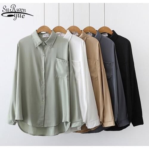 2021 New Korean Retro Long Sleeve Womens Shirts Fashion POLO Collar Loose Slim Solid Pocket Chiffon Blouse Blusas Mujer 11333