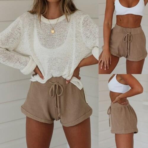 2021 Women Casual Drawstring Loose Shorts Summer Solid Color Knit Elastic Waist Short Pants Feminino Boho Beach Streetwear
