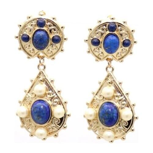 Vintage Style Light Yellow Gold Color Layer Lapis Lazuli Stud Earrings for Women Imitation Pearl Jewelry