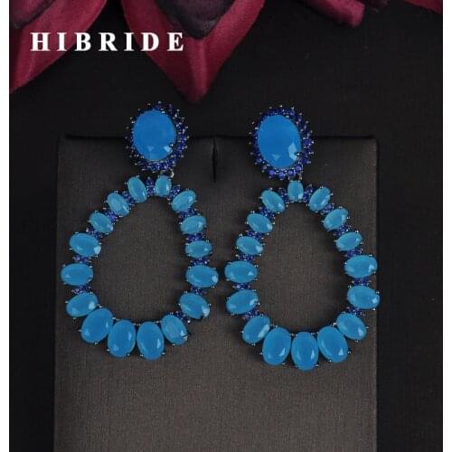 HIBRIDE New Design Blue Stone Cubic Zriconia Statement Drop Earrings For Women Jewelry Boucle d'oreille aretes de mujer E-690