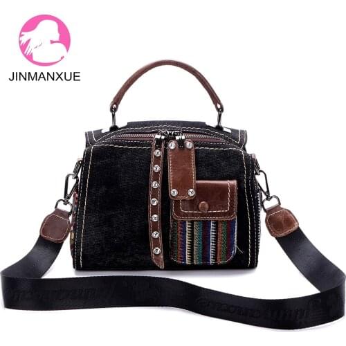 Women High Quality Diamond Studded Retro Ethnic Backpack Denim Shoulder Bag Multi Functional Fashion All-Match Messenger Handbag