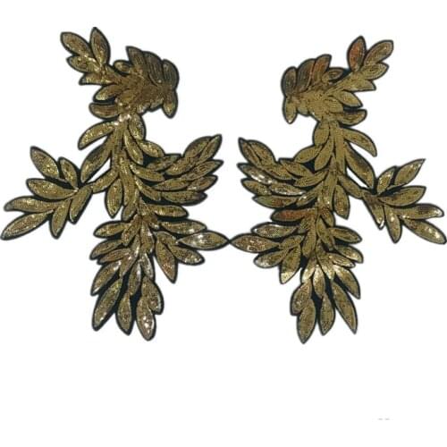 Gold Sequined Flower Leaves Lace Fabric Embroidered Wedding Gown Appliques Collar Sew Iron On Patch For Dress DIY Decoration