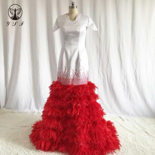 2020 Real Accent Contrast Color Short Sleeve Beaded Sweep Train Mermaid Evening Dresses