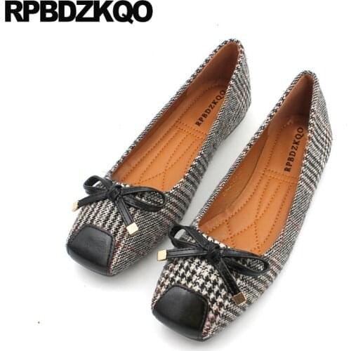 Bow slip on foldable ballet flats gingham square toe large size designer vintage brown women black bowtie shoes ballerina china